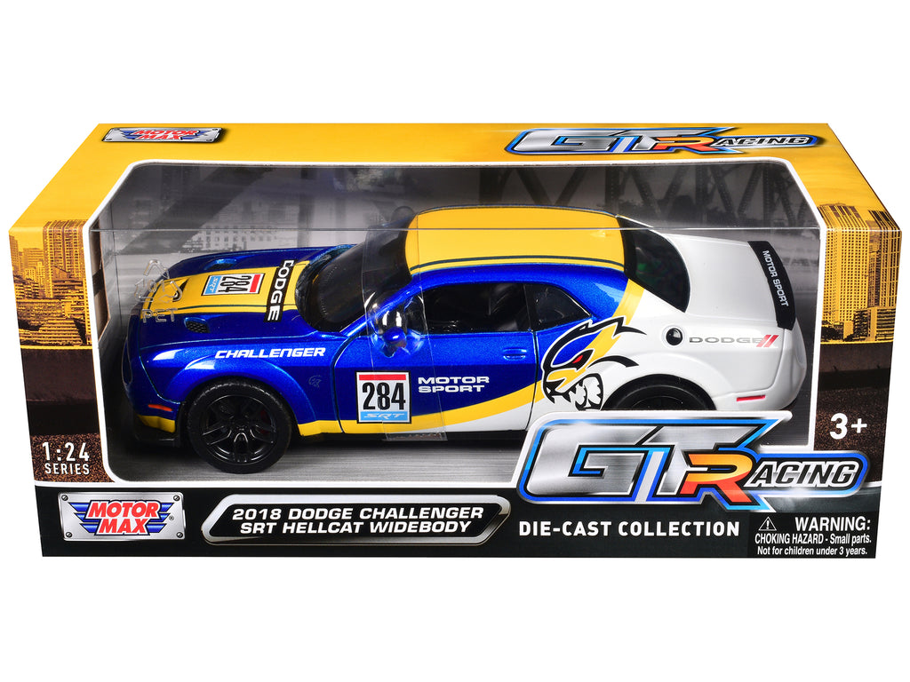 2018 Dodge Challenger SRT Hellcat Widebody #284 Blue Metallic and White with Yellow Graphics "GT Racing" Series 1/24 Diecast Model Car by Motormax - image 3