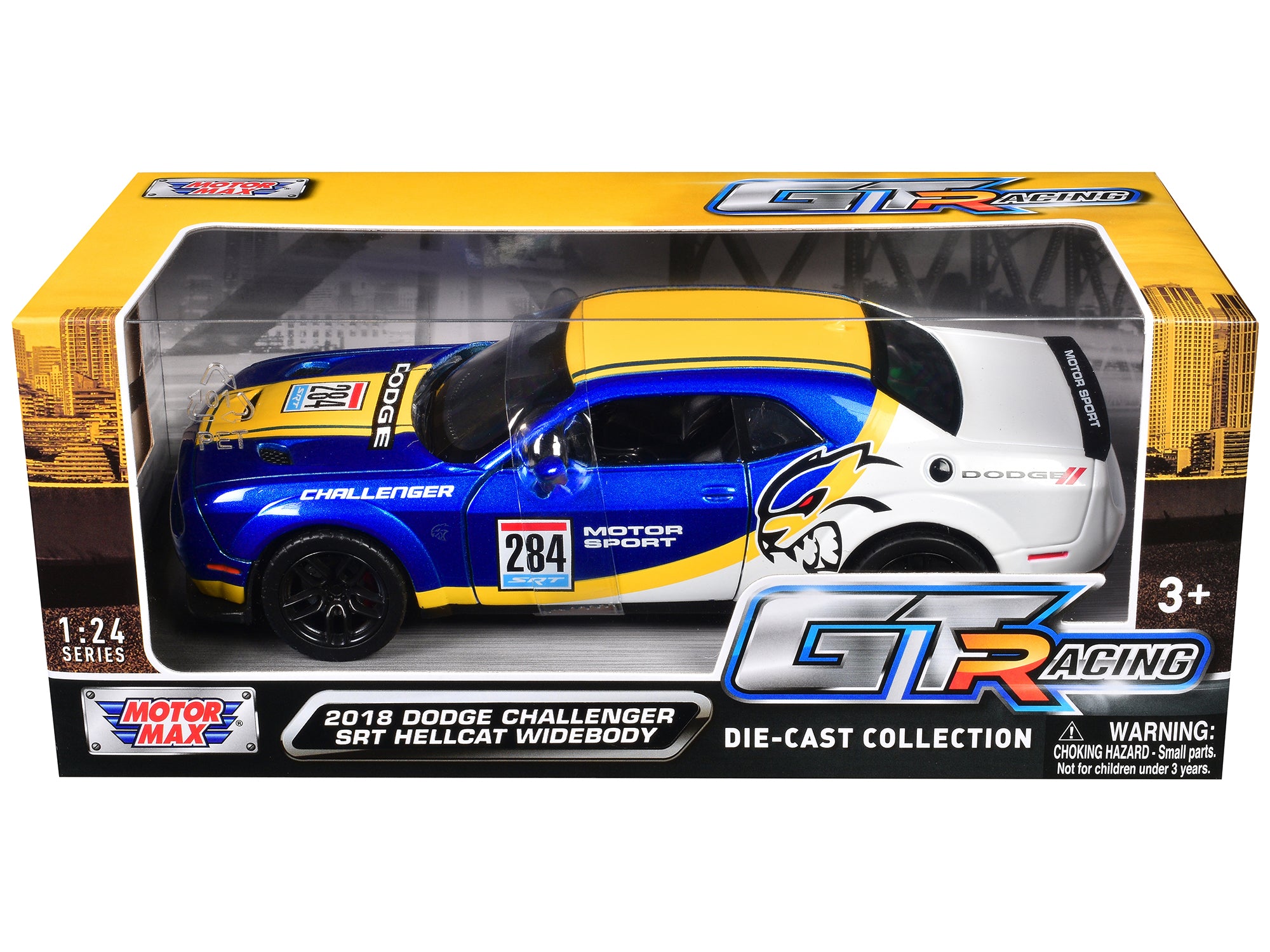 2018 Dodge Challenger SRT Hellcat Widebody #284 Blue Metallic and White with Yellow Graphics "GT Racing" Series 1/24 Diecast Model Car by Motormax - image 3