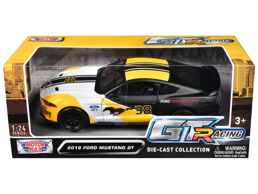 2018 Ford Mustang GT #38 White and Matt Black with Yellow Graphics "GT Racing" Series 1/24 Diecast Model Car by Motormax - image 3