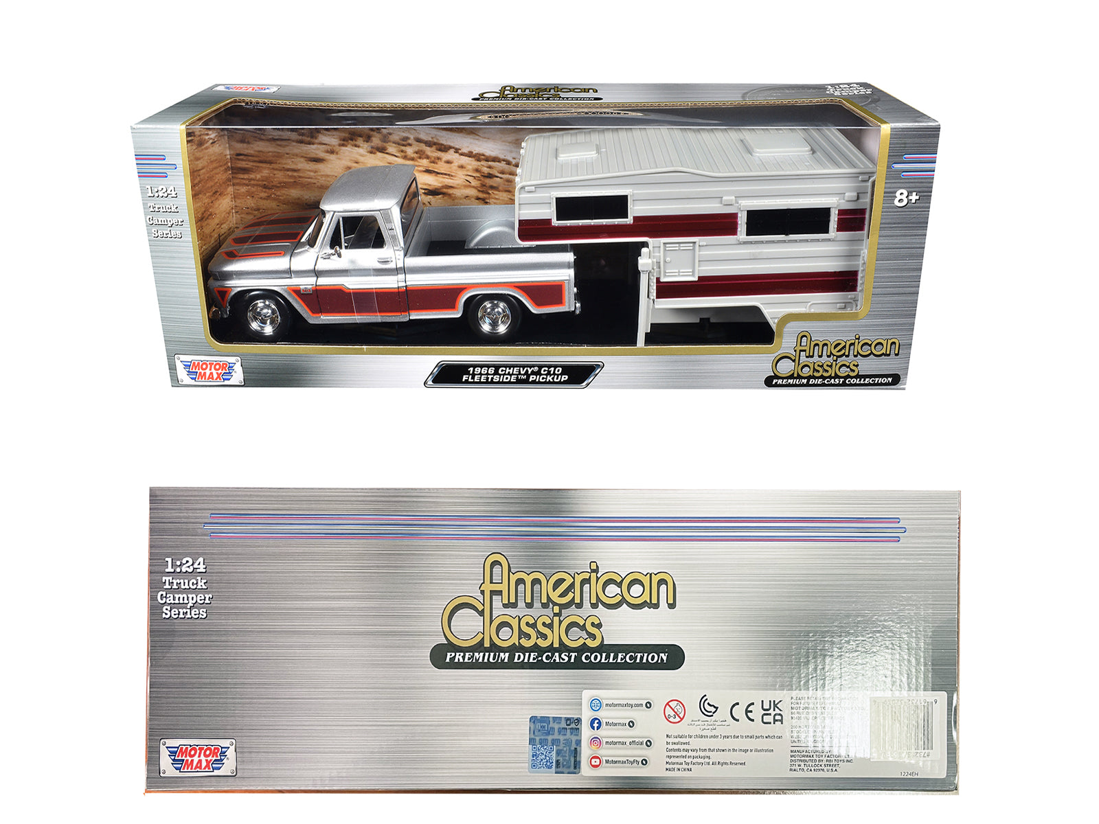 1966 Chevrolet C10 Fleetside Pickup Truck Silver Metallic with Brown Sides with Camper Shell "American Classics" Series 1/24 Diecast Model Car by Motormax - image 3