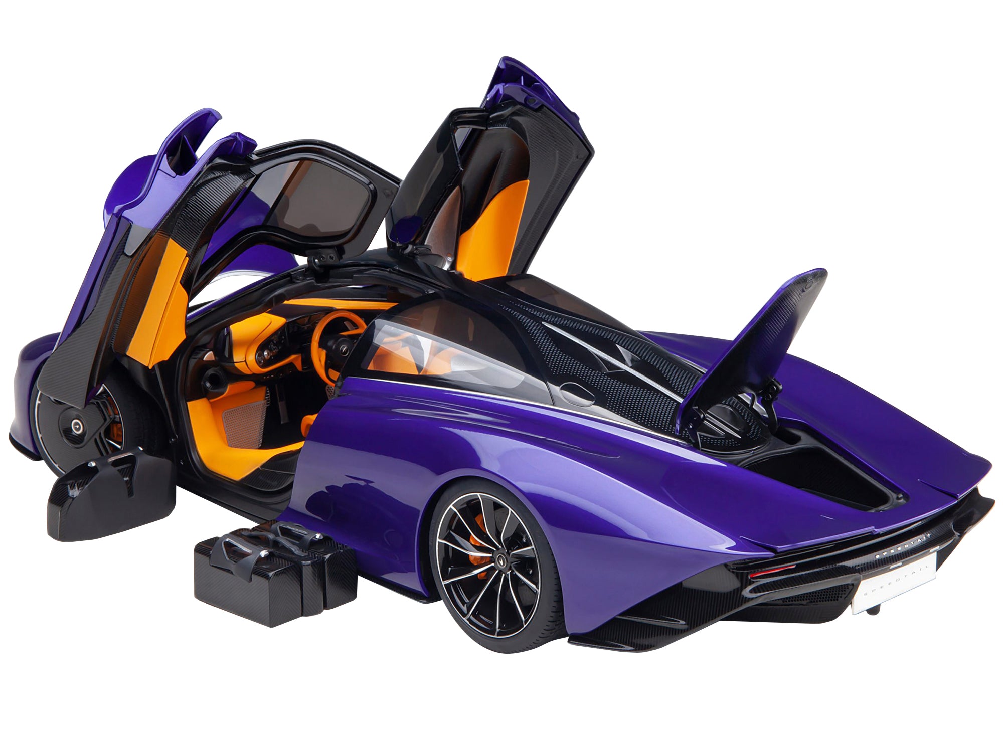 McLaren Speedtail Lantana Purple Metallic with Black Top and Yellow Interior and Suitcase Accessories  1/18 Model Car by Autoart - image 2