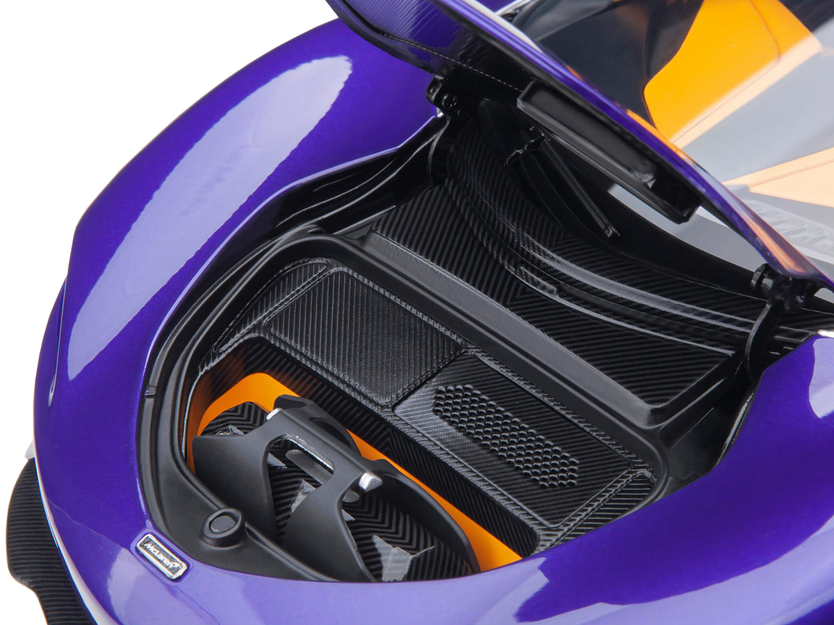 McLaren Speedtail Lantana Purple Metallic with Black Top and Yellow Interior and Suitcase Accessories  1/18 Model Car by Autoart - image 3