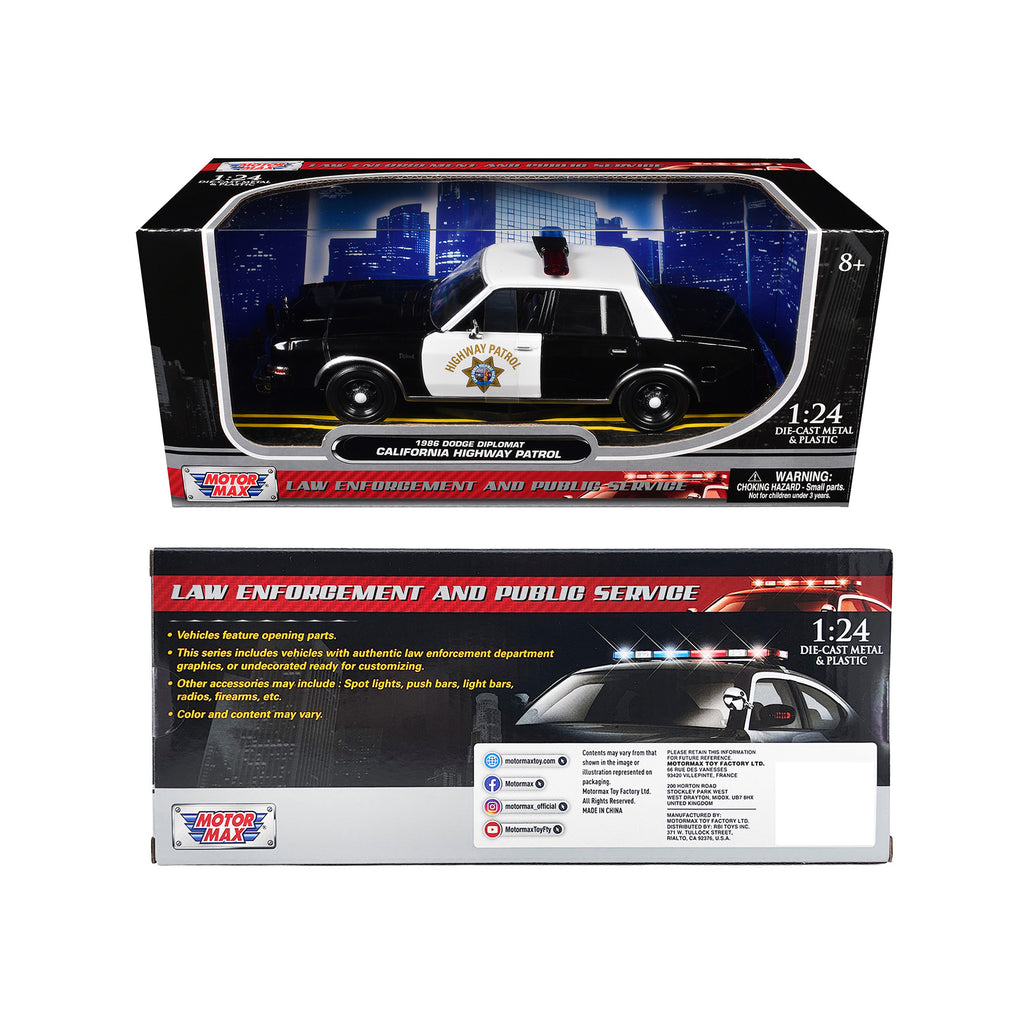 1986 Dodge Diplomat Police Car "California Highway Patrol" Black and White "Law Enforcement and Public Service" Series 1/24 Diecast Model Car by Motormax - image 3