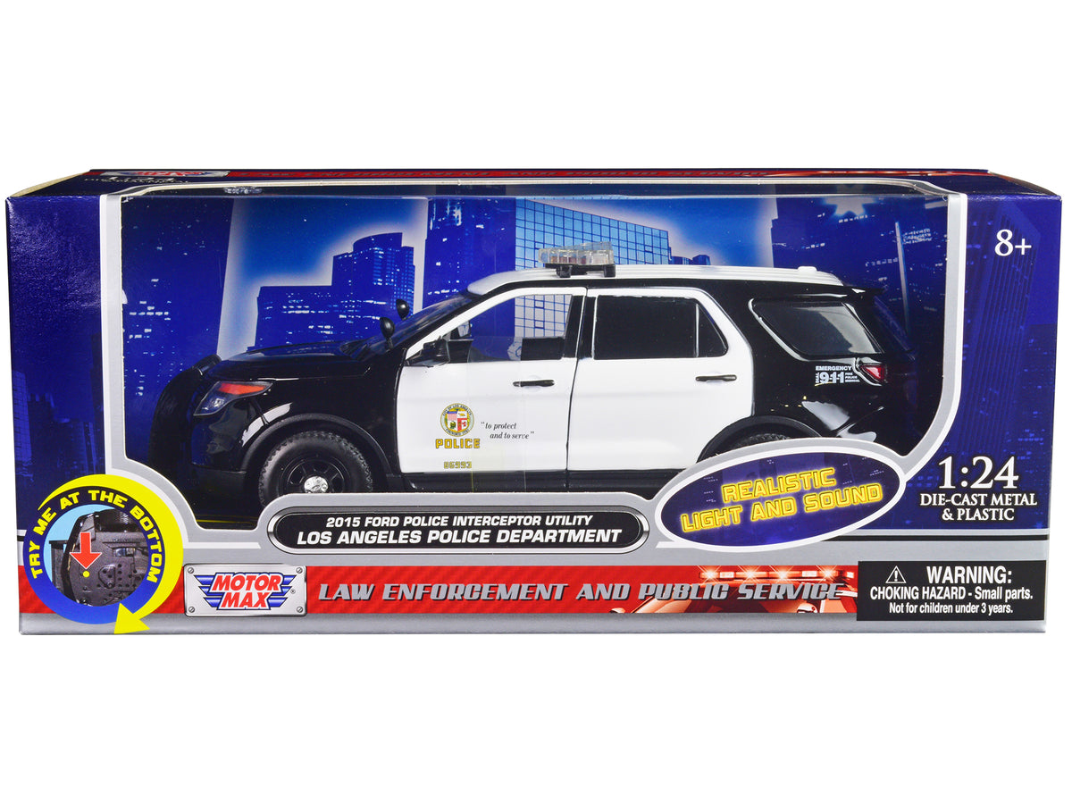 2015 Ford Police Interceptor Utility Black and White "Los Angeles Police Department (LAPD)" with Flashing Light Bar and Front and Rear Lights and Sounds 1/24 Diecast Model Car by Motormax - image 3