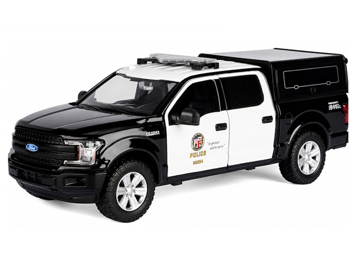 2019 Ford F-150 Lariat Crew Cab Pickup Truck with Camper "Los Angeles Police Department" Black and White "Law Enforcement and Public Service" Series 1/27 Diecast Model Car by Motormax