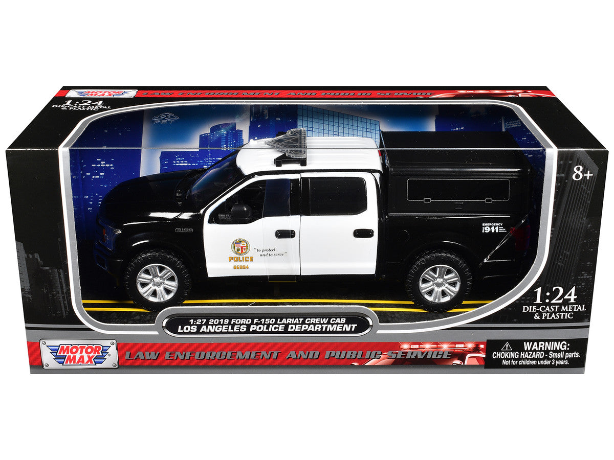 2019 Ford F-150 Lariat Crew Cab Pickup Truck with Camper "Los Angeles Police Department" Black and White "Law Enforcement and Public Service" Series 1/27 Diecast Model Car by Motormax