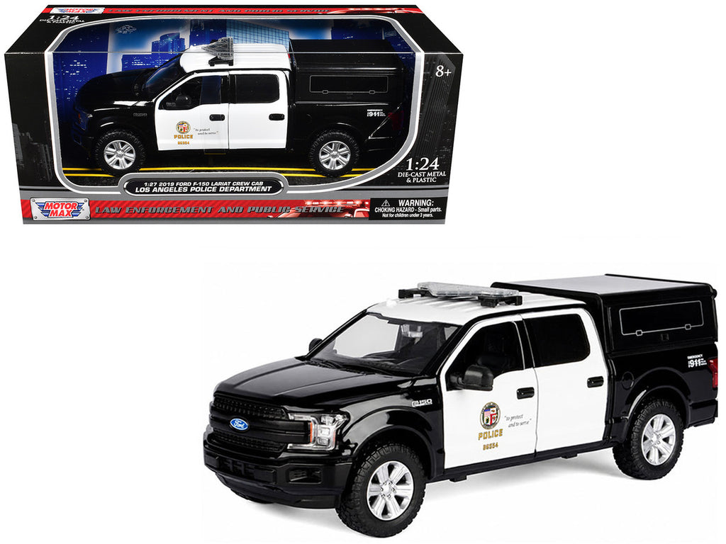 2019 Ford F-150 Lariat Crew Cab Pickup Truck with Camper "Los Angeles Police Department" Black and White "Law Enforcement and Public Service" Series 1/27 Diecast Model Car by Motormax
