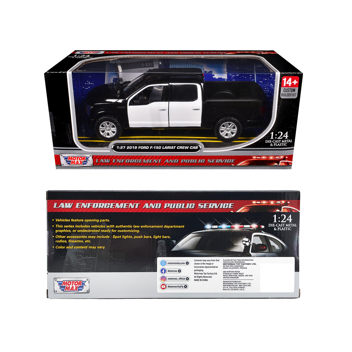 2019 Ford F-150 Lariat Crew Cab Pickup Truck Unmarked Plain Black and White "Custom Builder's Kit - Law Enforcement and Public Service" Series 1/27 Diecast Model Car by Motormax - image 3