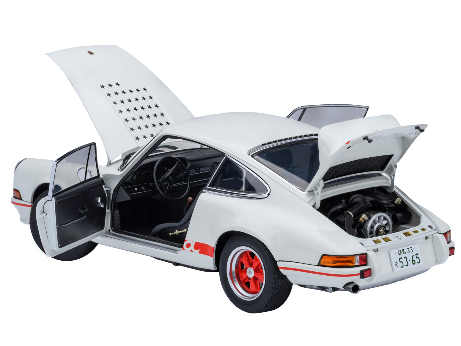 Porsche 911 Carrera 2.7 RS "The Circuit Wolf" White with Red Stripes and Wheels with Hood Graphics 1/18 Model Car by Autoart - image 2