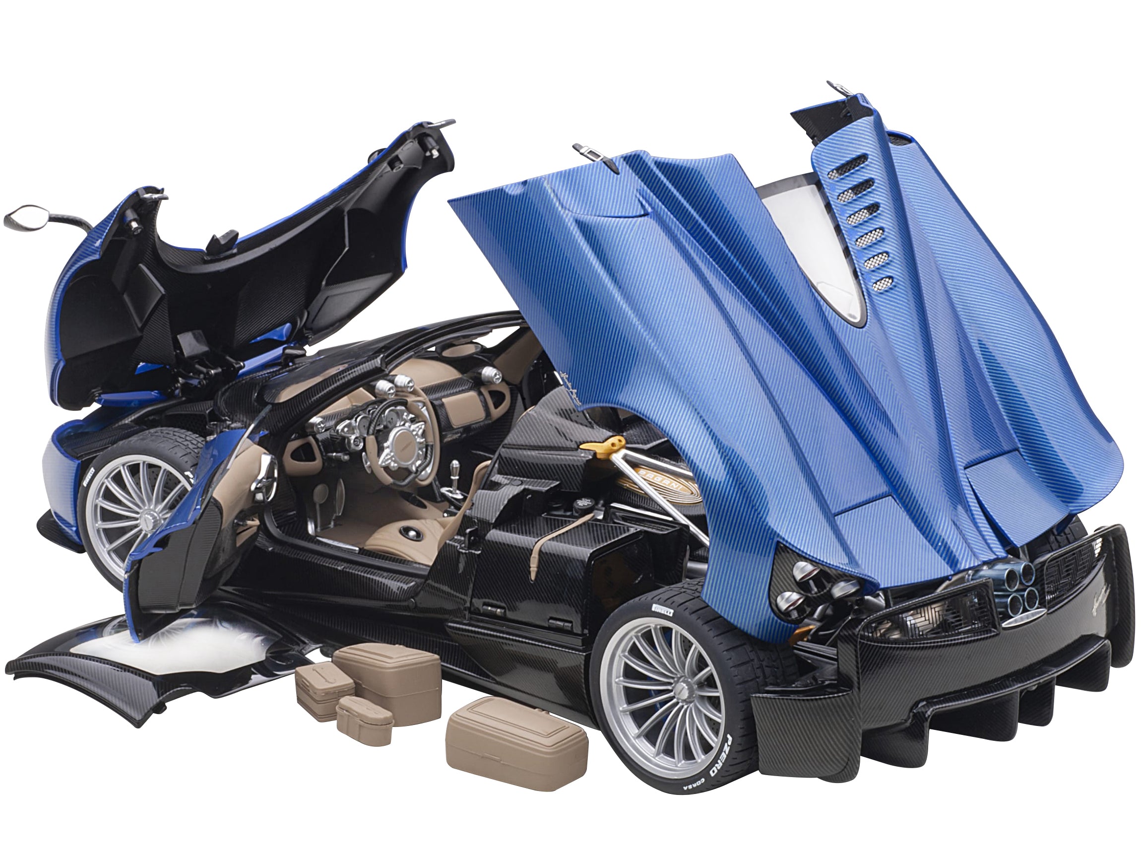 Pagani Huayra Roadster Blue Tricolore Carbon Fiber with Black Top with Luggage Set 1/18 Model Car by Autoart - image 2