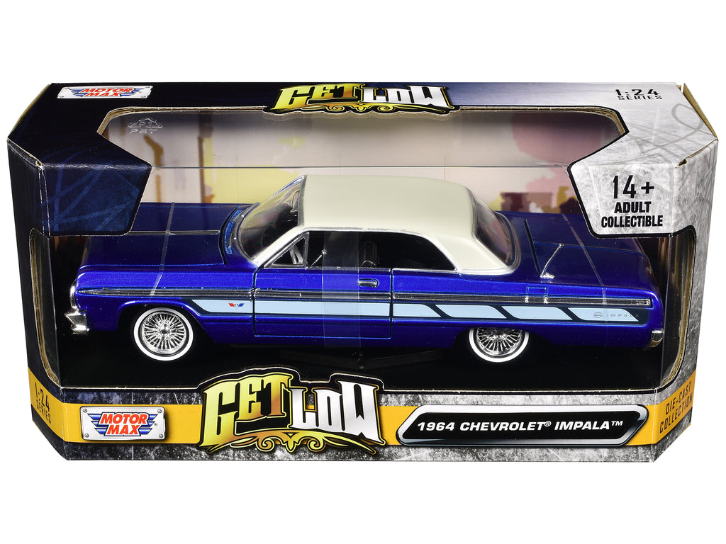 1964 Chevrolet Impala Lowrider Hard Top Candy Blue Metallic with Cream Top "Get Low" Series 1/24 Diecast Model Car by Motormax - image 3