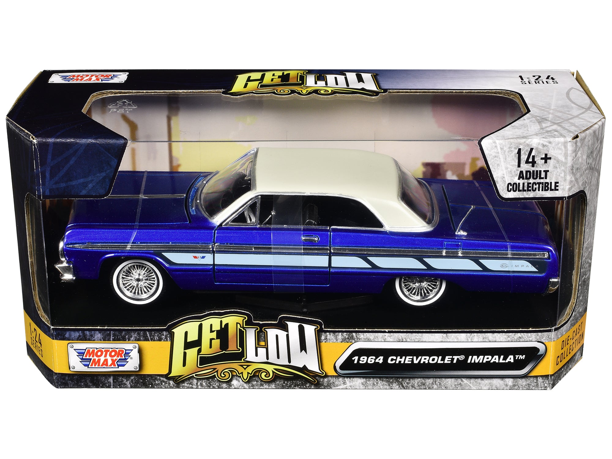 1964 Chevrolet Impala Lowrider Hard Top Candy Blue Metallic with Cream Top "Get Low" Series 1/24 Diecast Model Car by Motormax - image 3