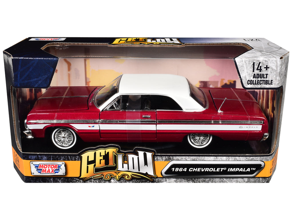 1964 Chevrolet Impala Lowrider Hard Top Candy Red Metallic with White Top "Get Low" Series 1/24 Diecast Model Car by Motormax - image 3