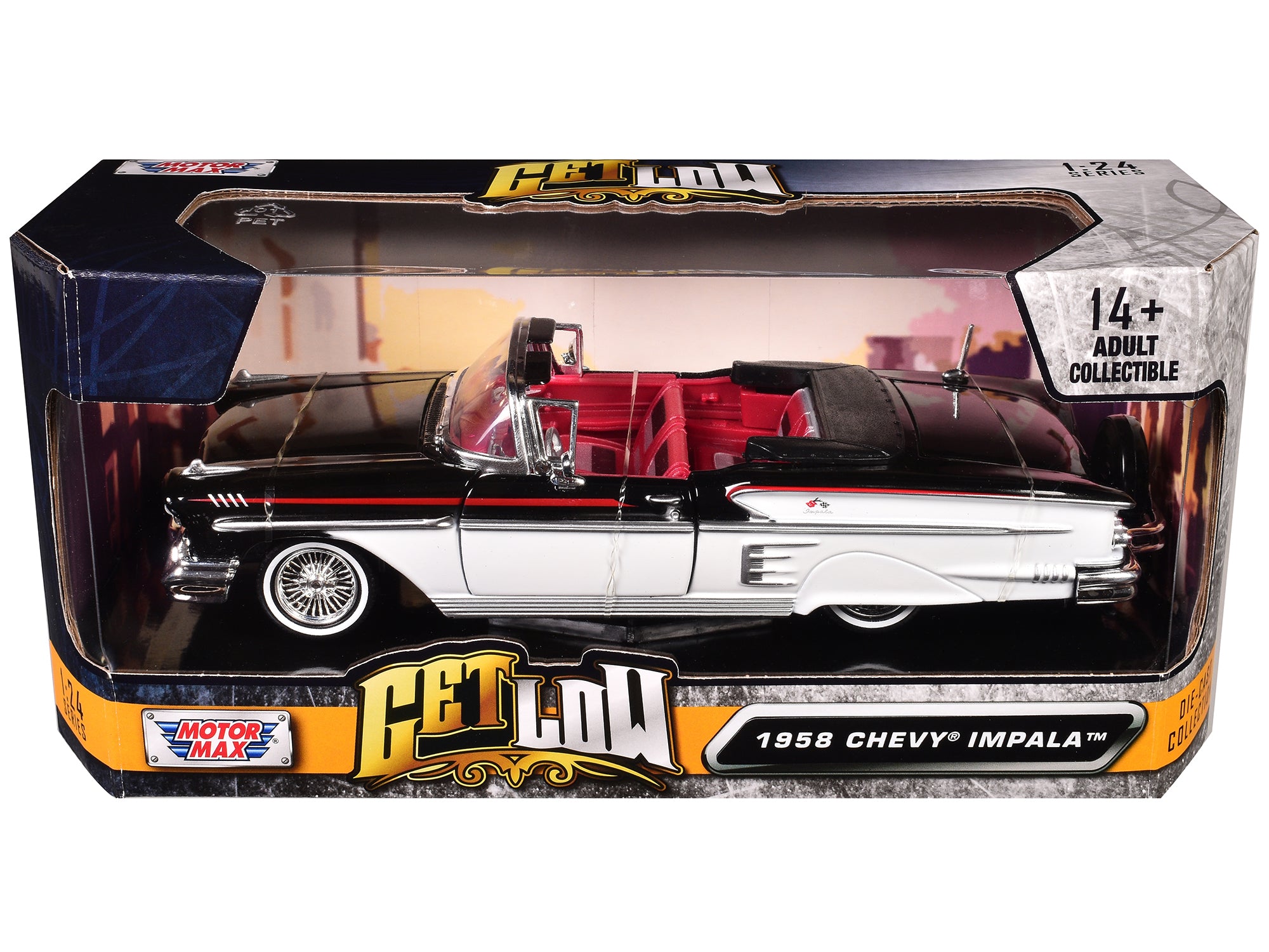 1958 Chevrolet Impala Convertible Lowrider Black and White with Red Interior "Get Low" Series 1/24 Diecast Model Car by Motormax - image 3
