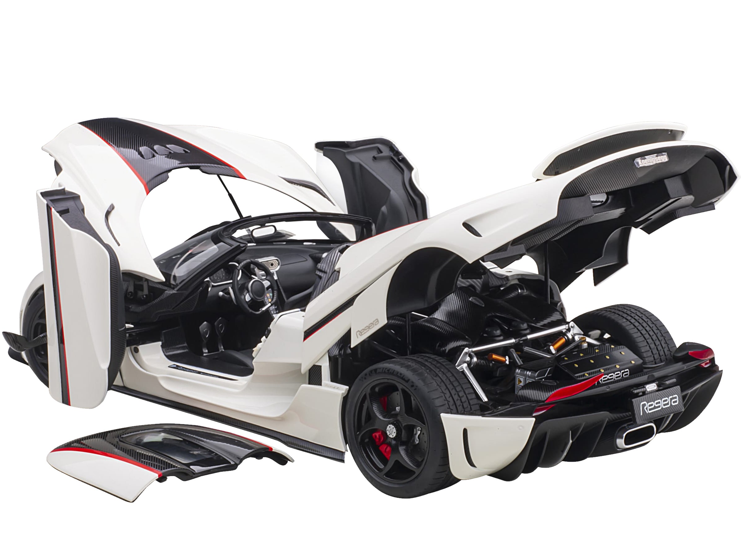 Koenigsegg Regera White with Black Carbon and Red Stripes 1/18  Model Car by Autoart - image 2