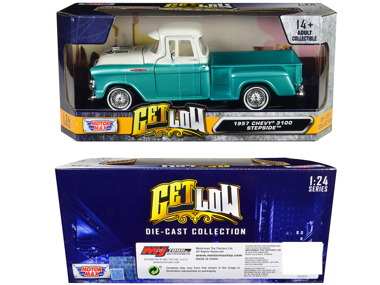 1957 Chevrolet 3100 Stepside Pickup Truck Lowrider Turquoise Metallic and White with White Interior "Get Low" Series 1/24 Diecast Model Car by Motormax - image 3