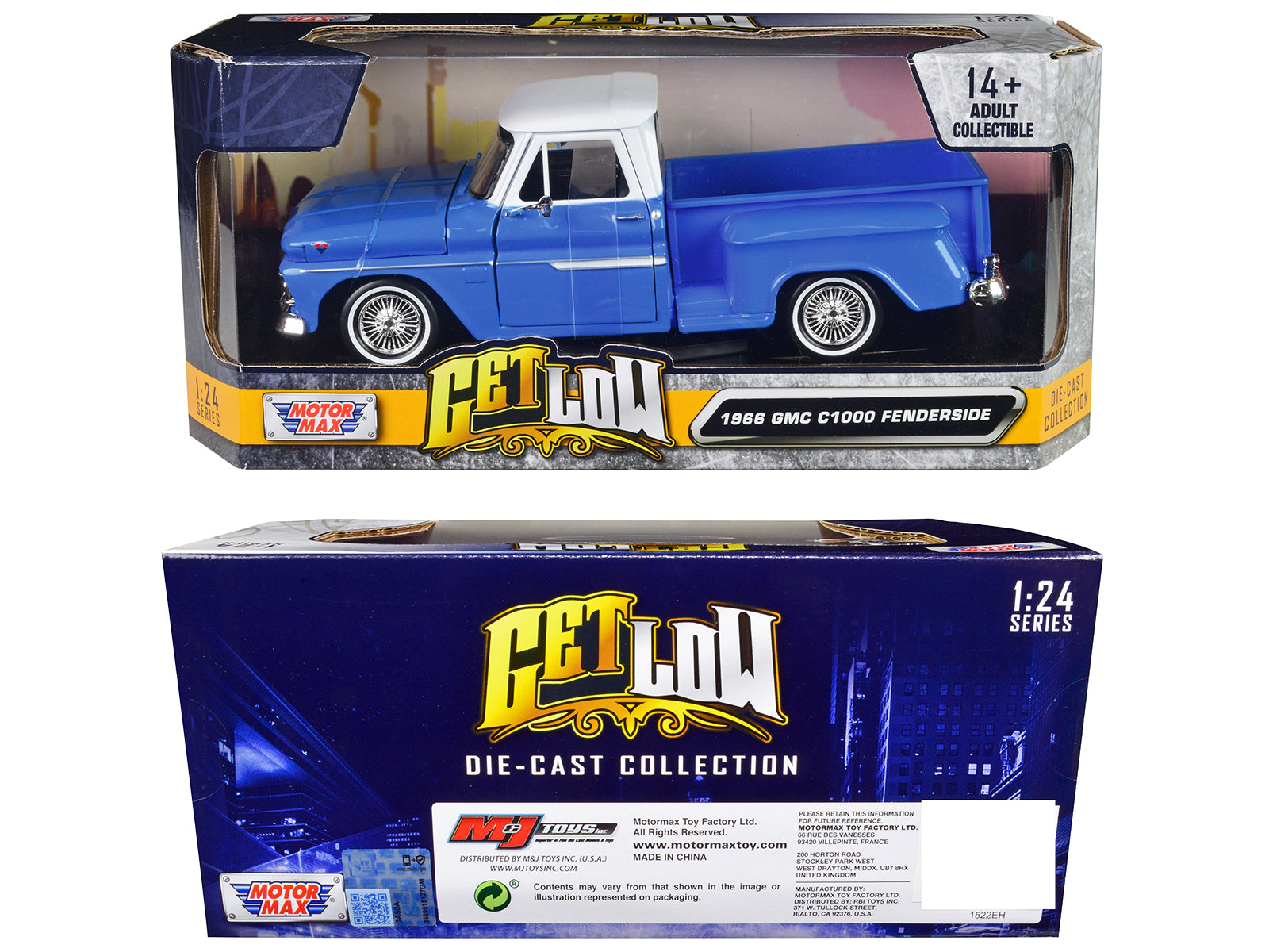 1966 GMC C1000 Fenderside Pickup Truck Lowrider Blue with White Top "Get Low" Series 1/24 Diecast Model Car by Motormax - image 3