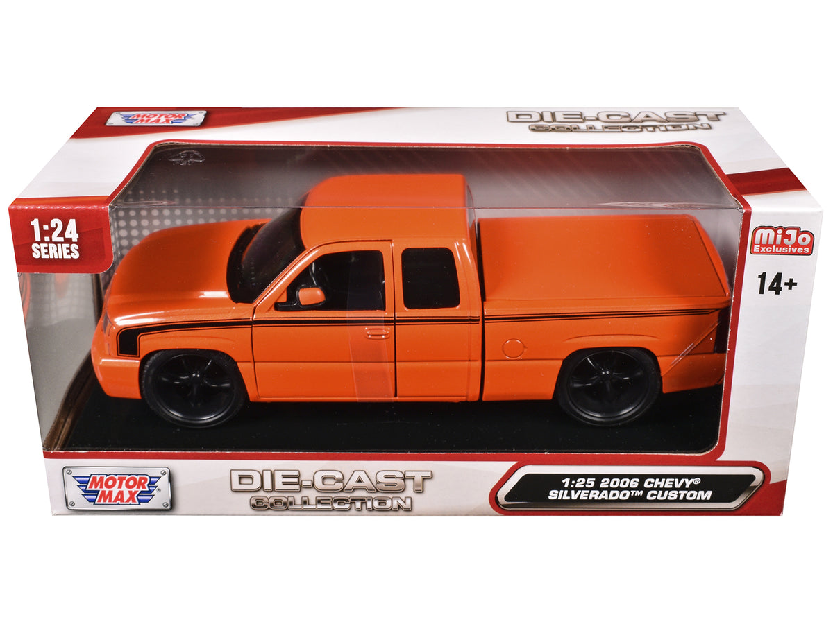 2006 Chevrolet Silverado Custom Pickup Truck Orange Metallic with Black Stripes "Die-Cast Collection" Series 1/25 Diecast Model Car by Motormax - image 3