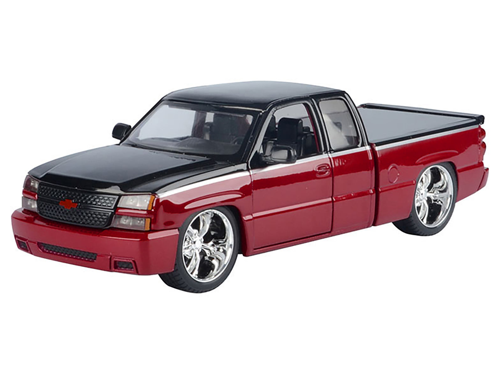 2006 Chevrolet Silverado Custom Pickup Truck Red Metallic and Black with Silver Stripes "Die-Cast Collection" Series 1/25 Diecast Model Car by Motormax - image 2
