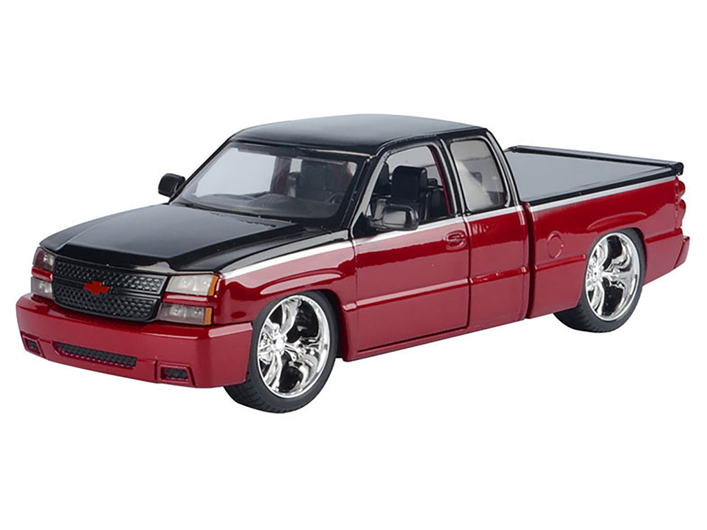 2006 Chevrolet Silverado Custom Pickup Truck Red Metallic and Black with Silver Stripes "Die-Cast Collection" Series 1/25 Diecast Model Car by Motormax - image 2
