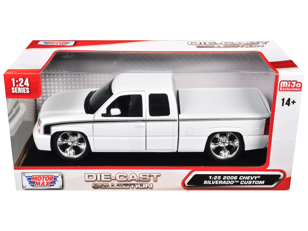 2006 Chevrolet Silverado Custom Pickup Truck White with Black Stripes "Die-Cast Collection" Series 1/25 Diecast Model Car by Motormax