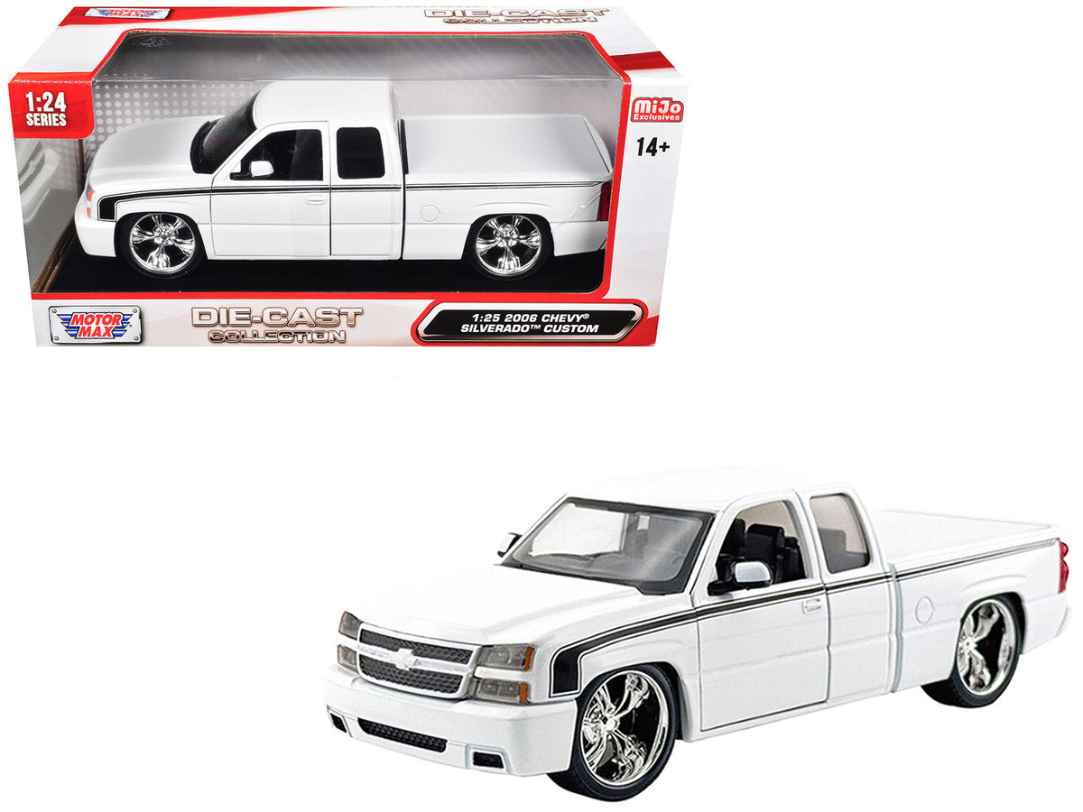 2006 Chevrolet Silverado Custom Pickup Truck White with Black Stripes "Die-Cast Collection" Series 1/25 Diecast Model Car by Motormax