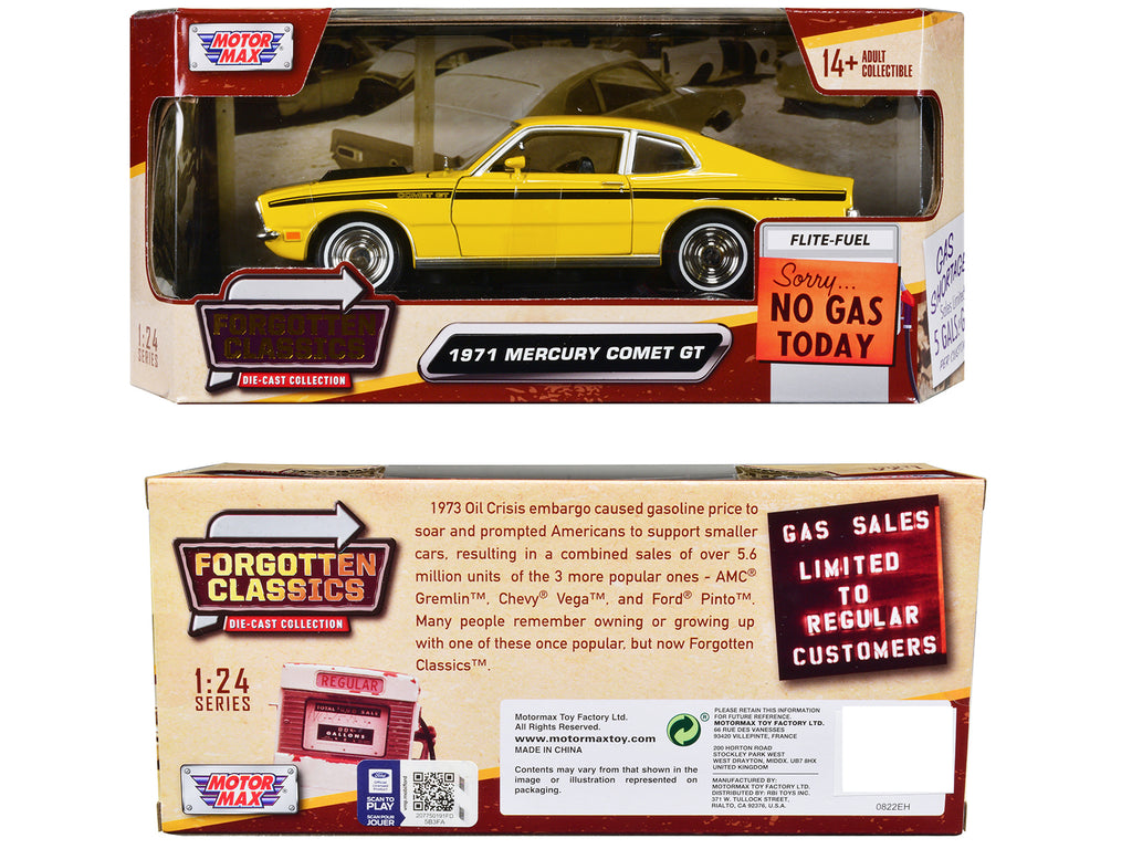 1971 Mercury Comet GT Yellow with Black Stripes "Forgotten Classics" Series 1/24 Diecast Model Car by Motormax - image 3