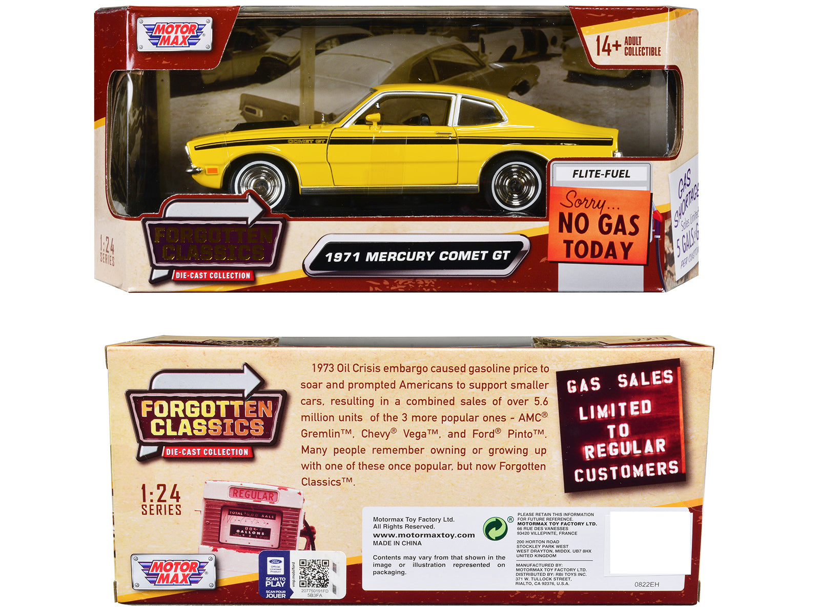 1971 Mercury Comet GT Yellow with Black Stripes "Forgotten Classics" Series 1/24 Diecast Model Car by Motormax - image 3
