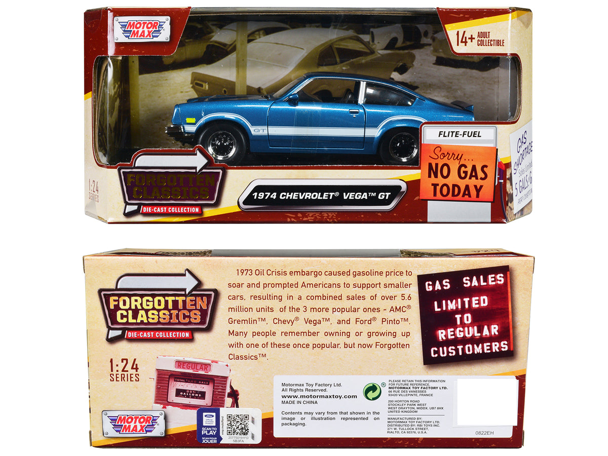 1974 Chevrolet Vega GT Blue Metallic with White Stripes "Forgotten Classics" Series 1/24 Diecast Model Car by Motormax - image 3