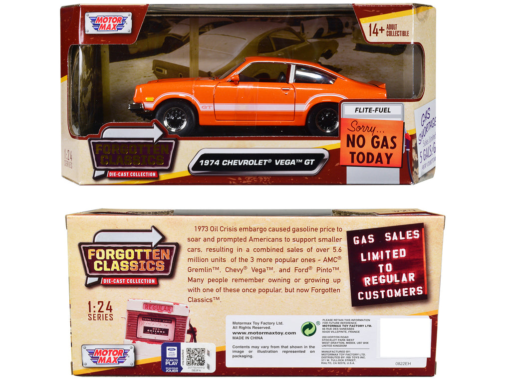 1974 Chevrolet Vega GT Orange Metallic with White Stripes "Forgotten Classics" Series 1/24 Diecast Model Car by Motormax - image 3