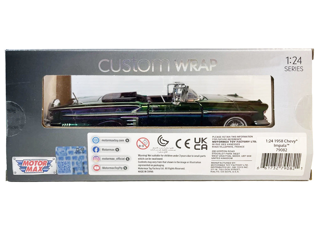 1958 Chevrolet Impala Green and Purple Chrome "Custom Wrap" Series 1/24 Diecast Model Car by Motormax - image 2