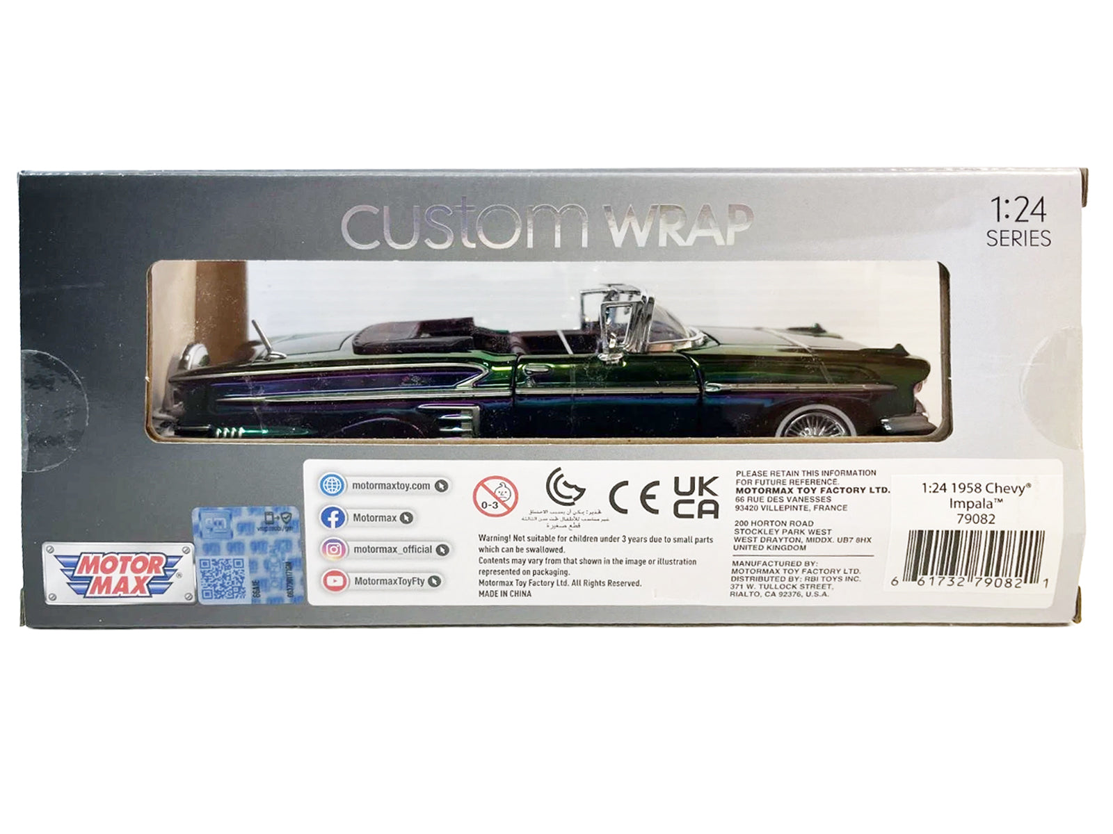 1958 Chevrolet Impala Green and Purple Chrome "Custom Wrap" Series 1/24 Diecast Model Car by Motormax - image 2