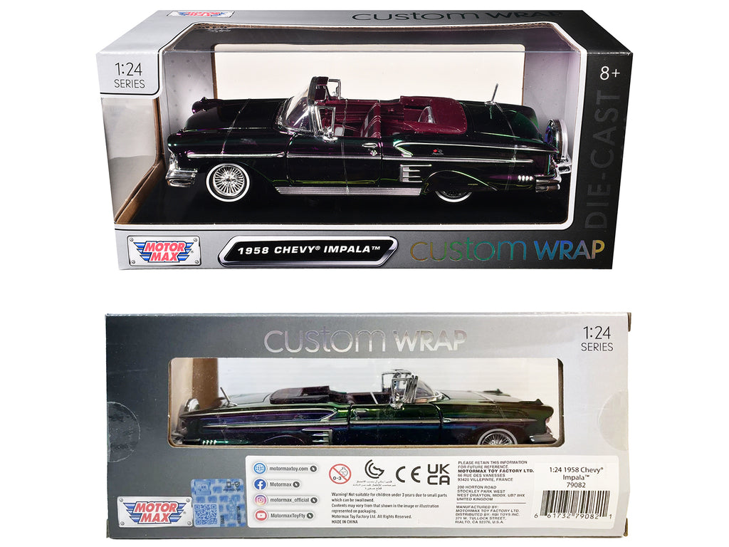 1958 Chevrolet Impala Green and Purple Chrome "Custom Wrap" Series 1/24 Diecast Model Car by Motormax - image 3