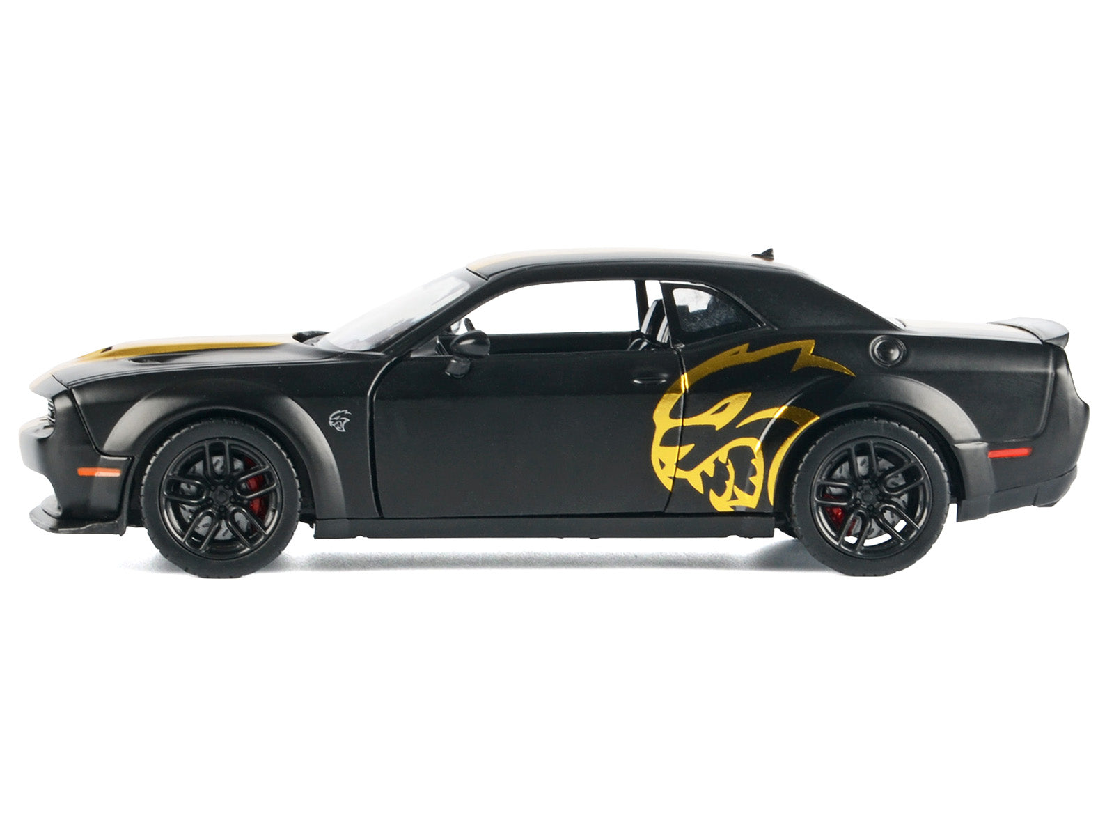 2018 Dodge Challenger SRT Hellcat Widebody Matt Black with Gold Stripes and Graphics "Midnight Eclipse" Series 1/24 Diecast Model Car by Motormax - image 2