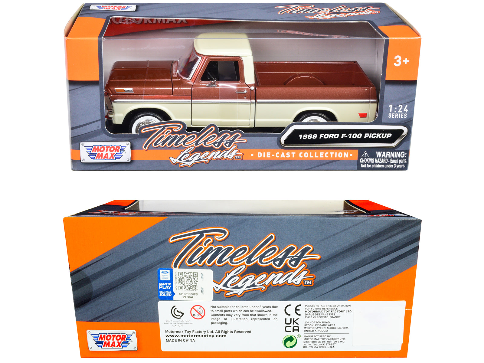1969 Ford F-100 Pickup Truck Brown Metallic and Cream "Timeless Legends" 1/24 Diecast Model Car by Motormax - image 3