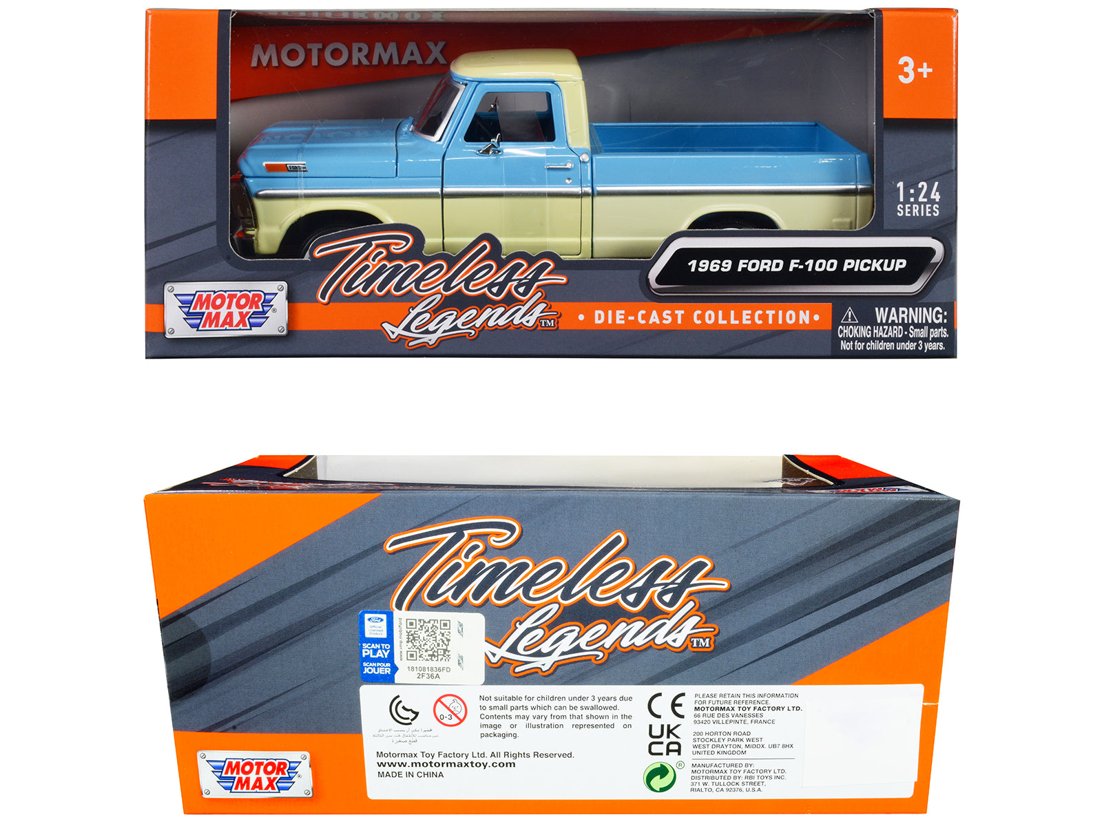 1969 Ford F-100 Pickup Truck Light Blue and Cream "Timeless Legends" Series 1/24 Diecast Model Car by Motormax - image 3