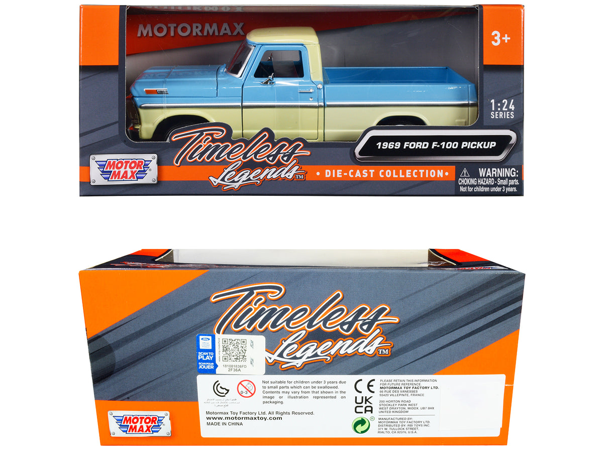 1969 Ford F-100 Pickup Truck Light Blue and Cream "Timeless Legends" Series 1/24 Diecast Model Car by Motormax - image 3