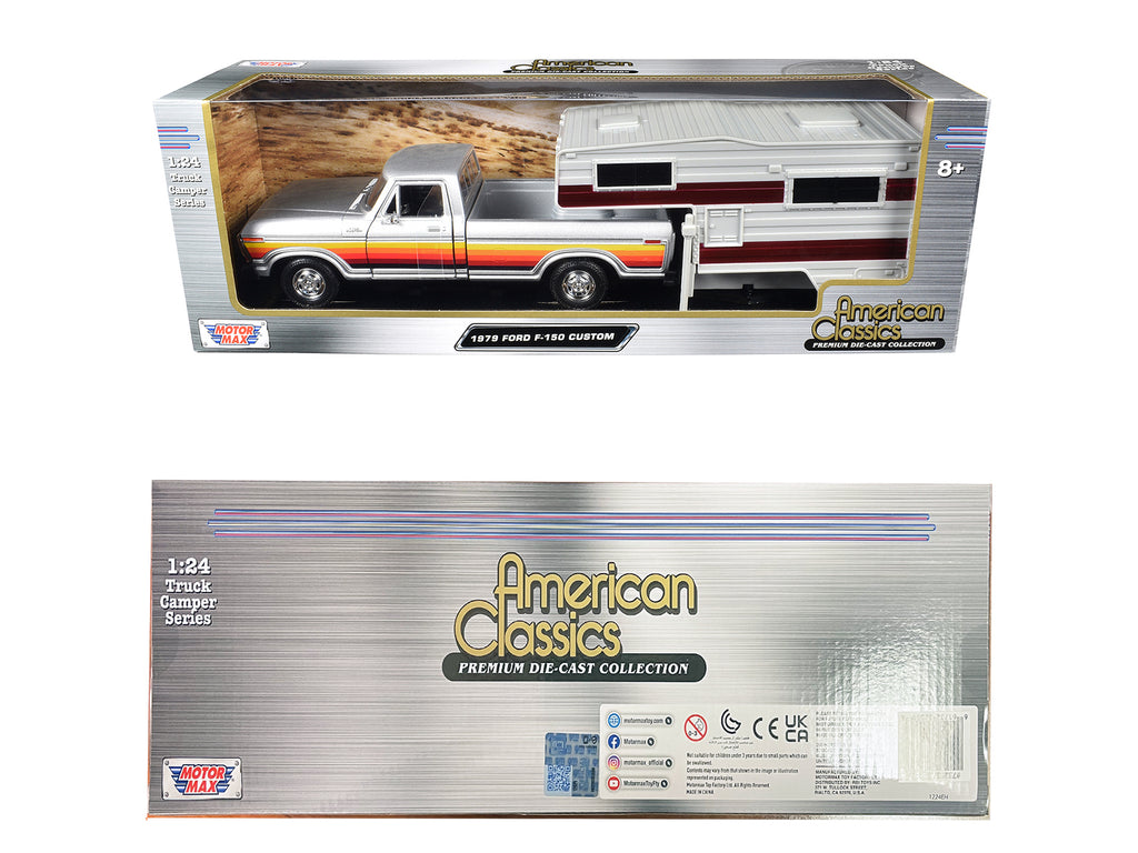 1979 Ford F-150 Custom Pickup Truck Silver Metallic with Side Stripes with Camper Shell "American Classics" Series 1/24 Diecast Model Car by Motormax - image 2