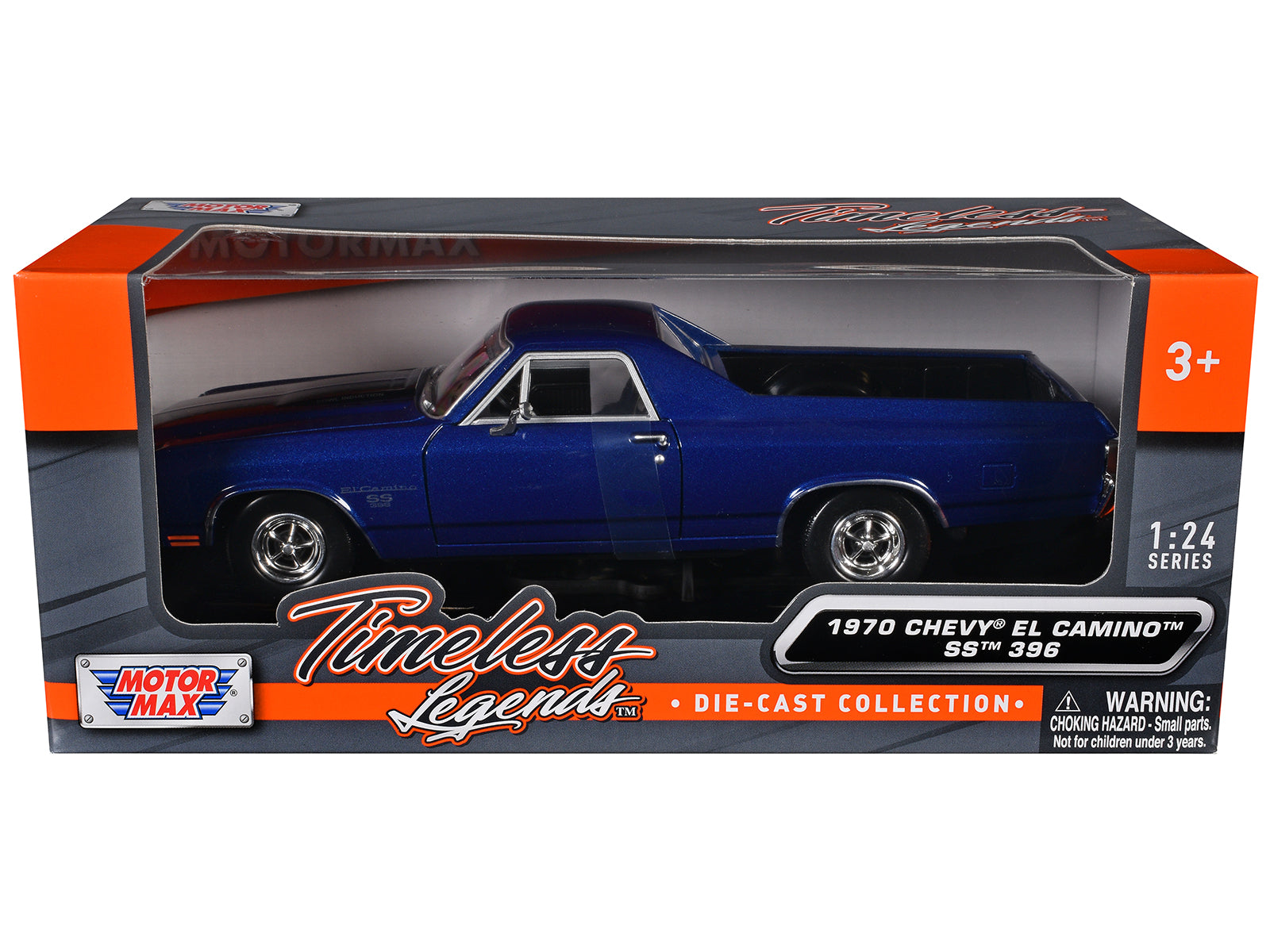 1970 Chevrolet El Camino SS 396 Dark Blue Metallic with Black Stripes 1/24 Diecast Model Car by Motormax - image 3