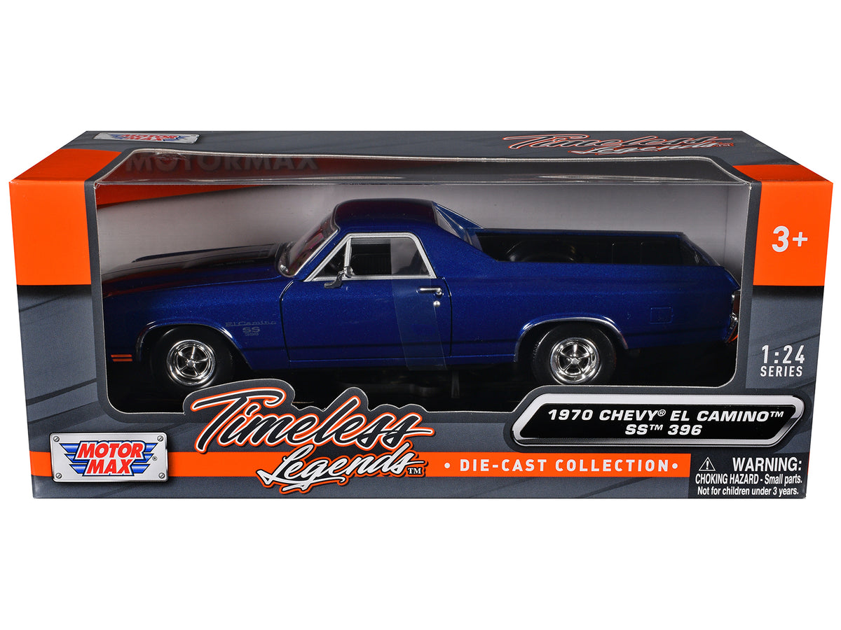 1970 Chevrolet El Camino SS 396 Dark Blue Metallic with Black Stripes 1/24 Diecast Model Car by Motormax - image 3