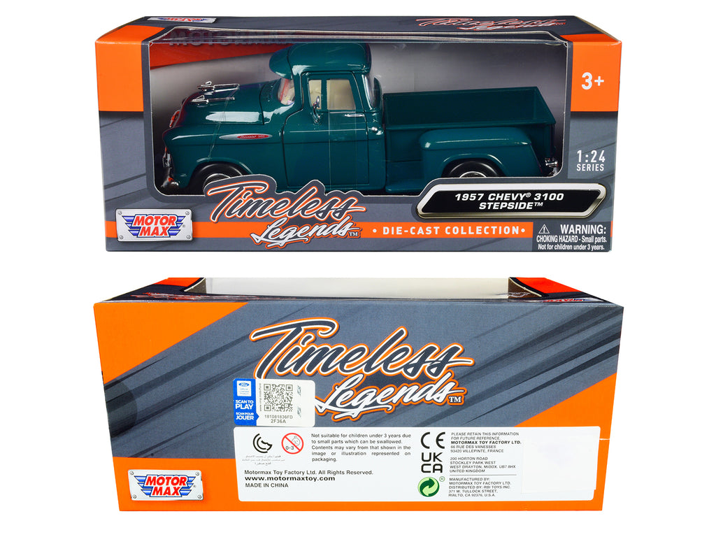 1957 Chevrolet 3100 Stepside Pickup Truck Teal Metallic "Timeless Legends" Series 1/24 Diecast Model Car by Motormax