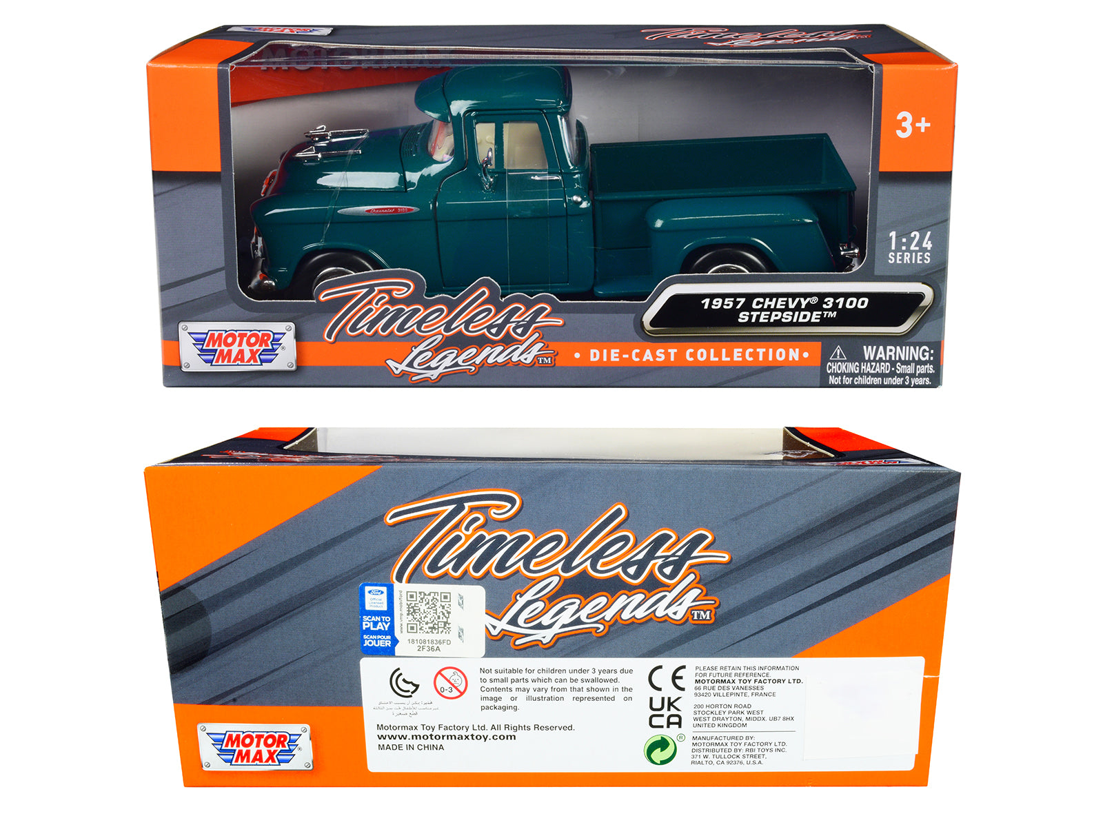 1957 Chevrolet 3100 Stepside Pickup Truck Teal Metallic "Timeless Legends" Series 1/24 Diecast Model Car by Motormax