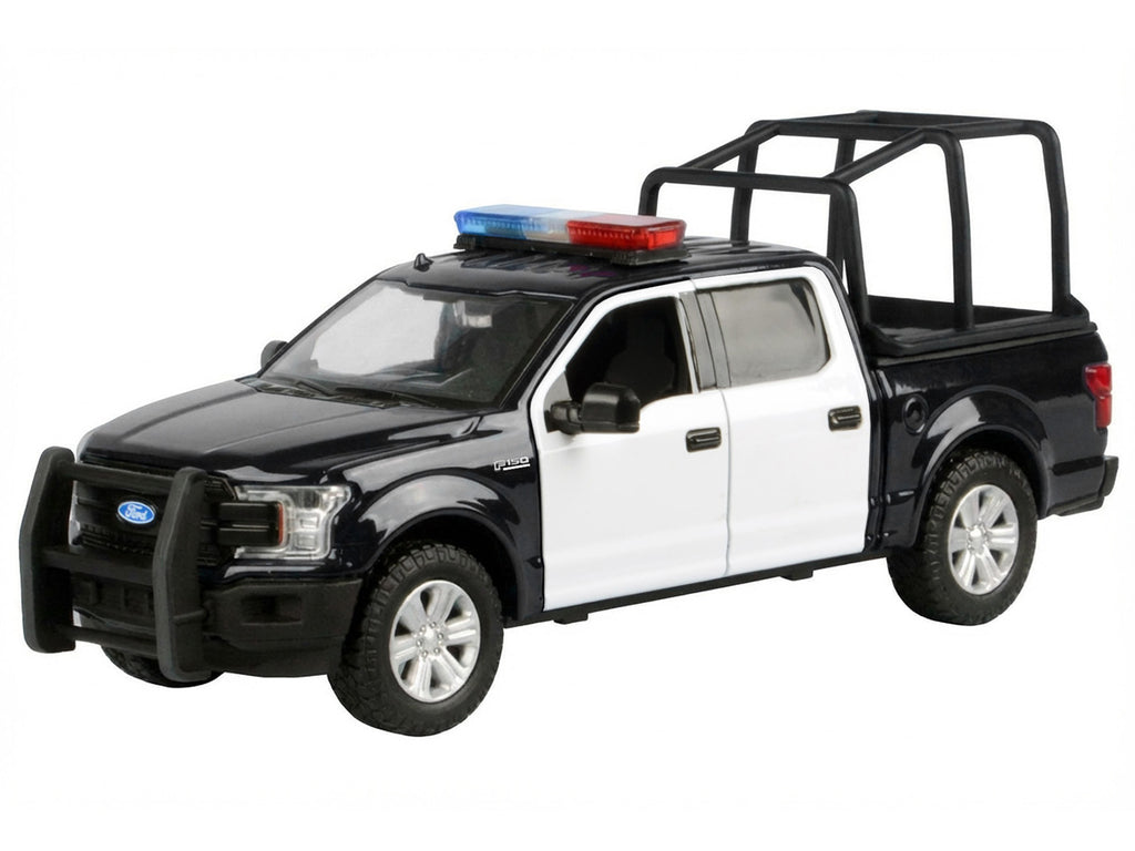 2019 Ford F-150 Lariat Crew Cab Pickup Truck with Bed Cage Black and White with Flashing Light Bar and Front and Rear Lights and Sounds 1/27 Diecast Model Car by Motormax - image 2