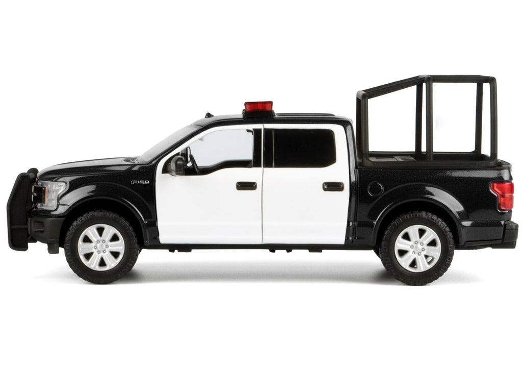 2019 Ford F-150 Lariat Crew Cab Pickup Truck with Bed Cage Black and White with Flashing Light Bar and Front and Rear Lights and Sounds 1/27 Diecast Model Car by Motormax - image 3