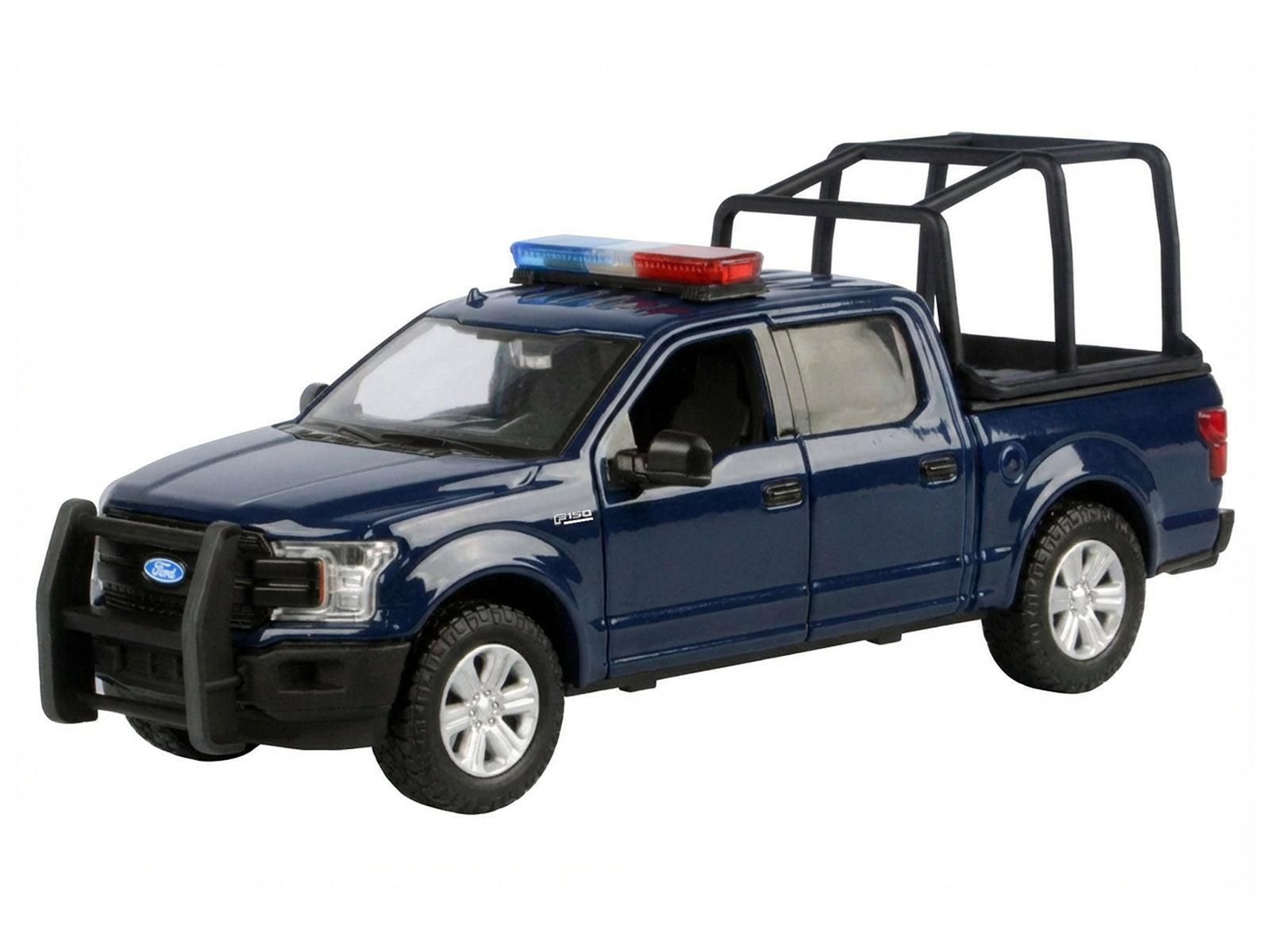 2019 Ford F-150 Lariat Crew Cab Pickup Truck with Bed Cage Dark Blue with Flashing Light Bar and Front and Rear Lights and Sounds 1/27 Diecast Model Car by Motormax - image 2