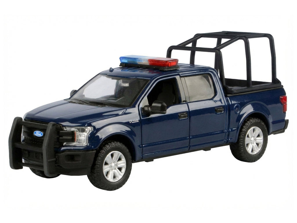 2019 Ford F-150 Lariat Crew Cab Pickup Truck with Bed Cage Dark Blue with Flashing Light Bar and Front and Rear Lights and Sounds 1/27 Diecast Model Car by Motormax - image 2