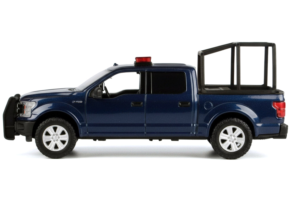 2019 Ford F-150 Lariat Crew Cab Pickup Truck with Bed Cage Dark Blue with Flashing Light Bar and Front and Rear Lights and Sounds 1/27 Diecast Model Car by Motormax - image 3