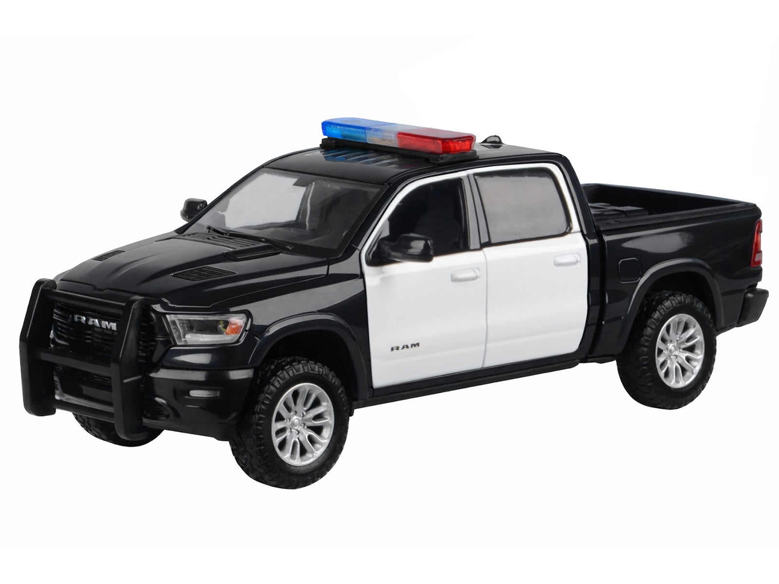 2019 RAM 1500 Laramie Crew Cab Pickup Truck Black and White with Flashing Light Bar and Front and Rear Lights and Sounds 1/27 Diecast Model Car by Motormax - image 2