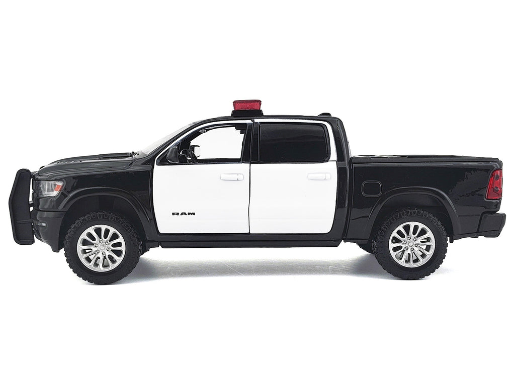 2019 RAM 1500 Laramie Crew Cab Pickup Truck Black and White with Flashing Light Bar and Front and Rear Lights and Sounds 1/27 Diecast Model Car by Motormax - image 3