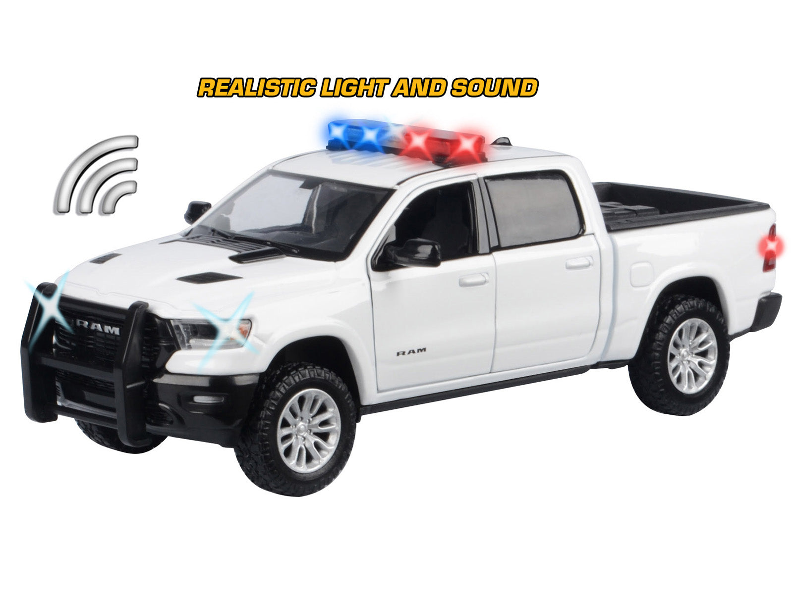 2019 RAM 1500 Laramie Crew Cab Pickup Truck White with Flashing Light Bar and Front and Rear Lights and Sounds 1/27 Diecast Model Car by Motormax - image 3